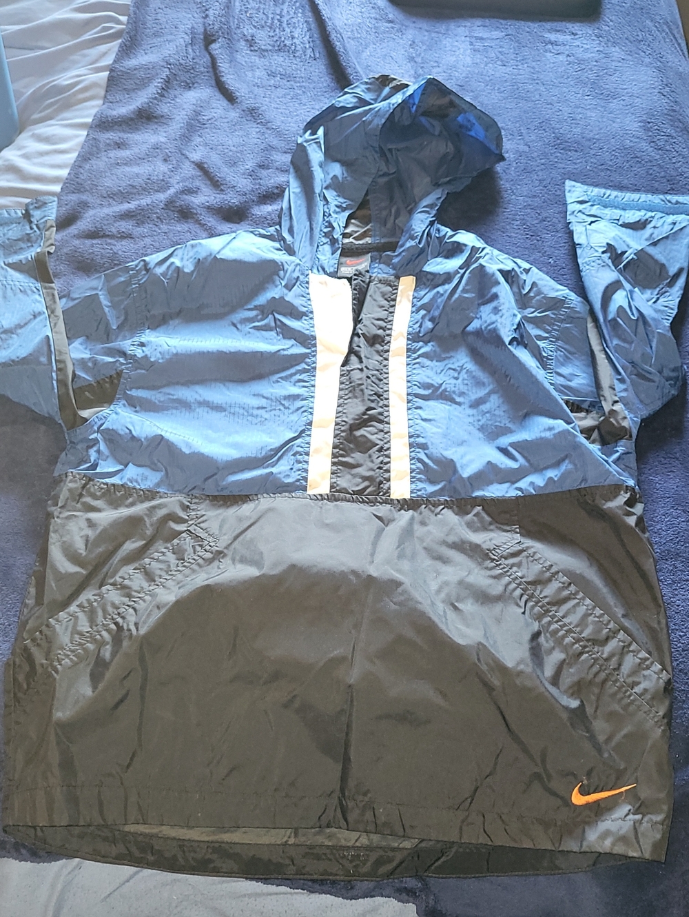 Nike Blue and Black Hooded Windbreaker with Orange Swoosh